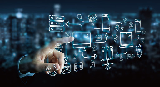 Digital network concept with floating tech icons.