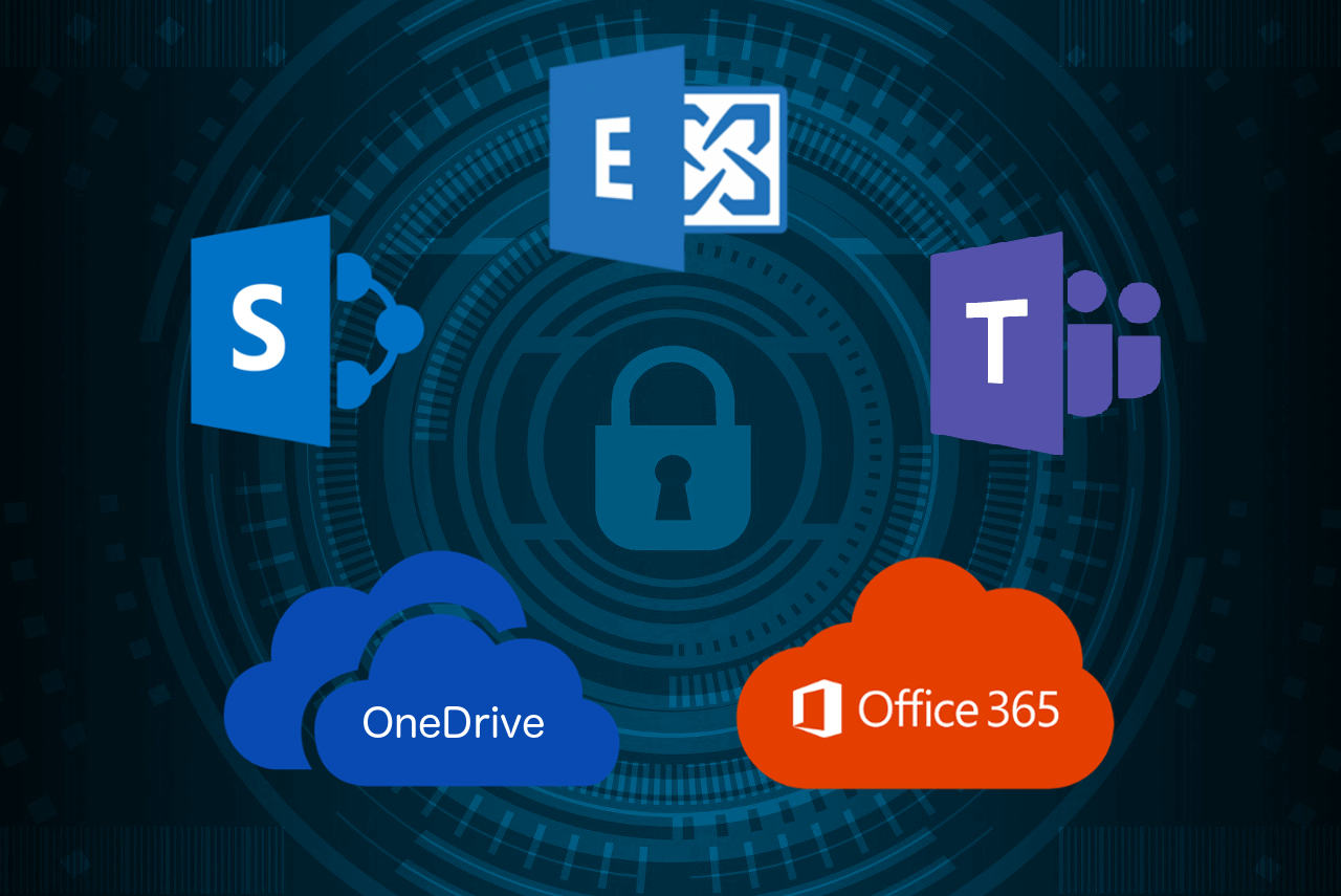 Microsoft 365 services logos with security lock icon