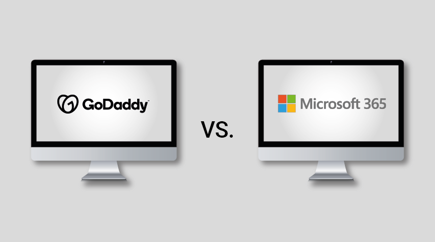 GoDaddy vs Microsoft 365 comparison on screens.